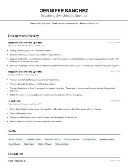 Telephone Switchboard Operator Resume