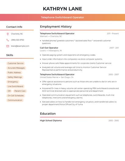 Telephone Switchboard Operator Resume