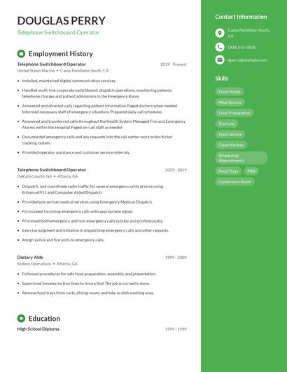 Telephone Switchboard Operator Resume