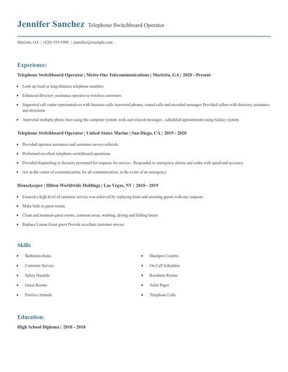 Telephone Switchboard Operator Resume