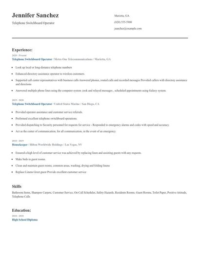 Telephone Switchboard Operator Resume