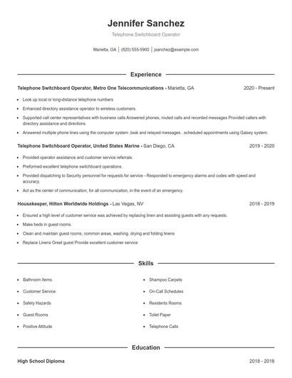 Telephone Switchboard Operator Resume