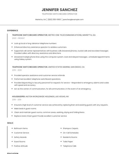 Telephone Switchboard Operator Resume