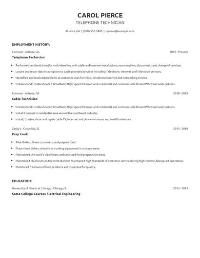 Telephone Technician Resume