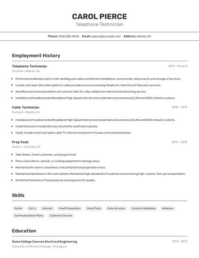 Telephone Technician Resume