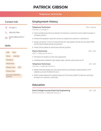 Telephone Technician Resume