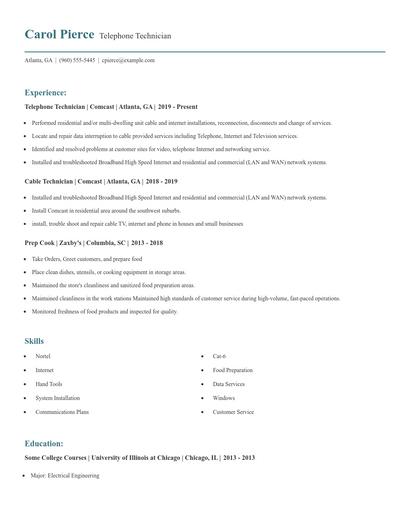 Telephone Technician Resume