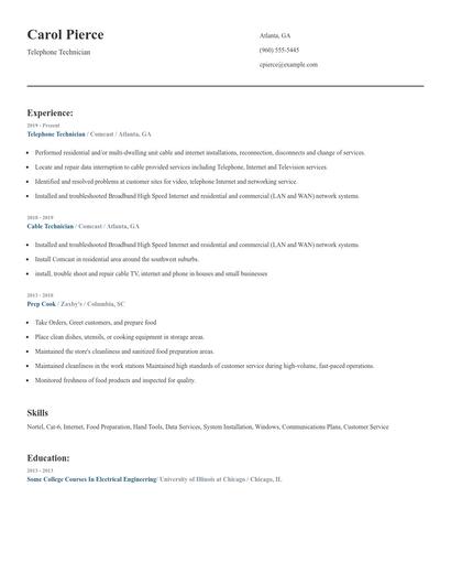 Telephone Technician Resume
