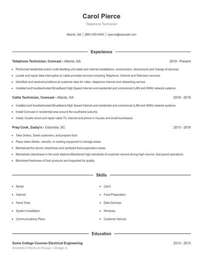 Telephone Technician Resume