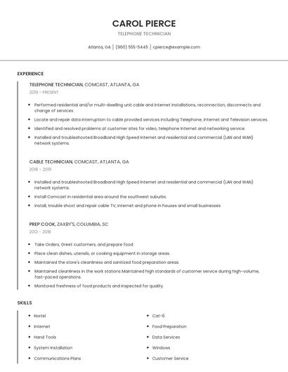 Telephone Technician Resume