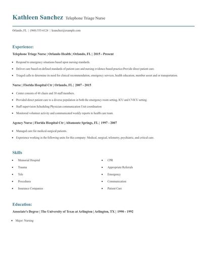 Telephone Triage Nurse Resume