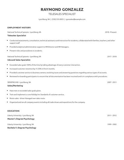 Telesales Specialist Resume