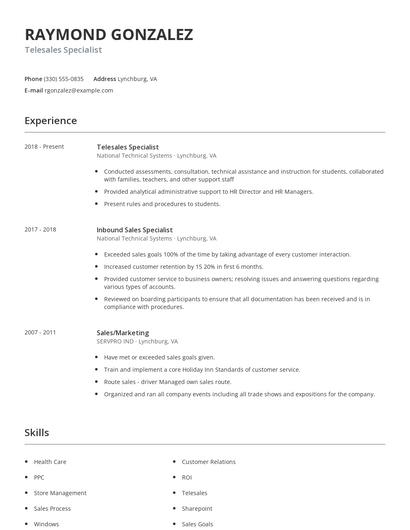 Telesales Specialist Resume