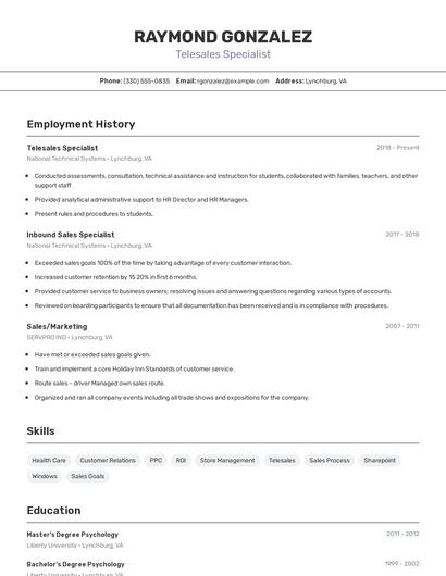 Telesales Specialist Resume