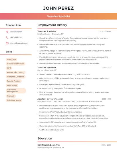 Telesales Specialist Resume