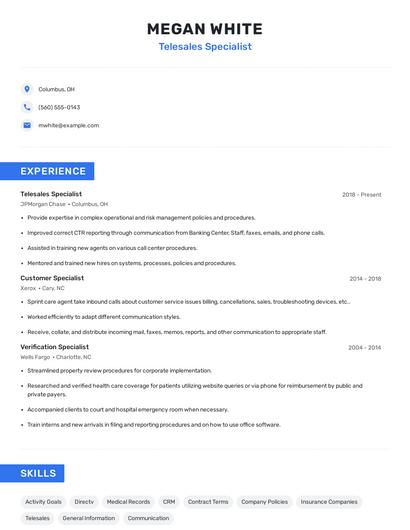 Telesales Specialist Resume
