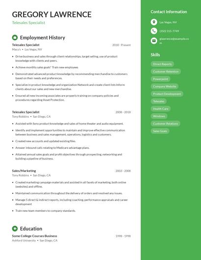 Telesales Specialist Resume