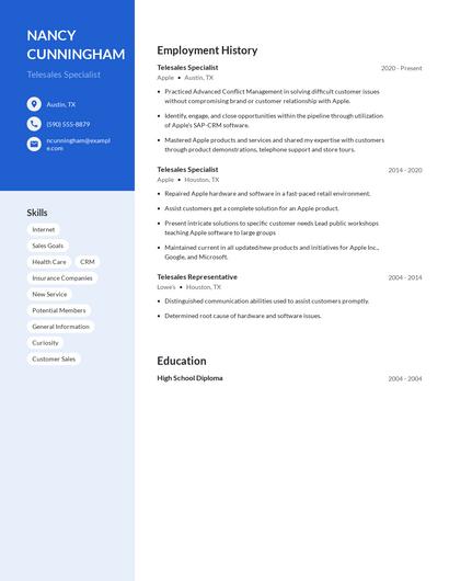 Telesales Specialist Resume