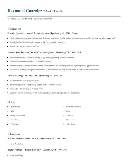 Telesales Specialist Resume