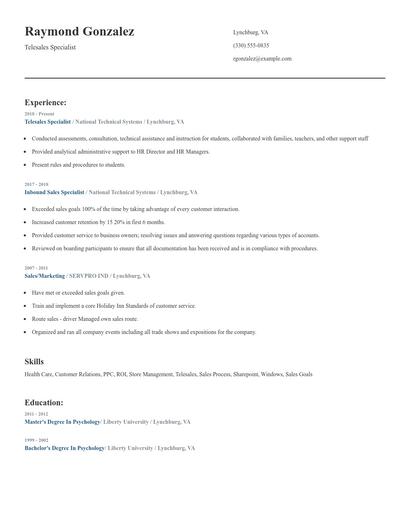 Telesales Specialist Resume