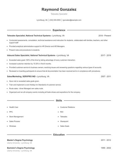Telesales Specialist Resume