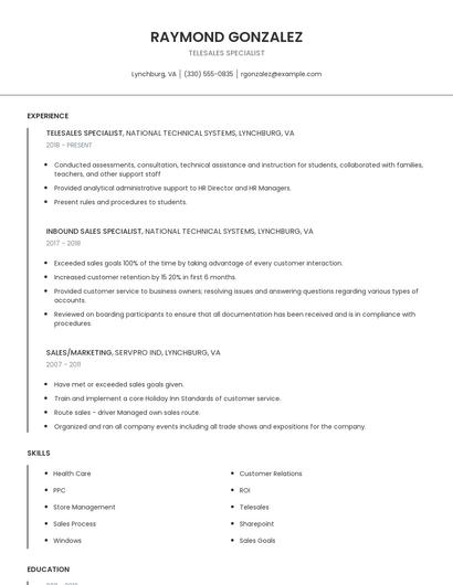 Telesales Specialist Resume
