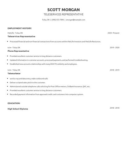 Teleservices Representative Resume
