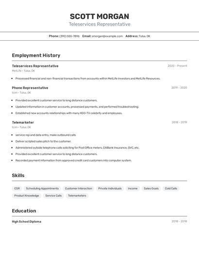 Teleservices Representative Resume