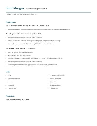 Teleservices Representative Resume