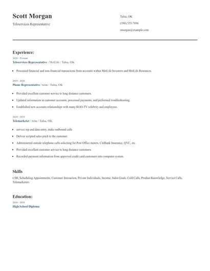 Teleservices Representative Resume