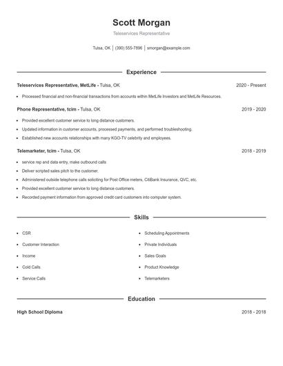 Teleservices Representative Resume
