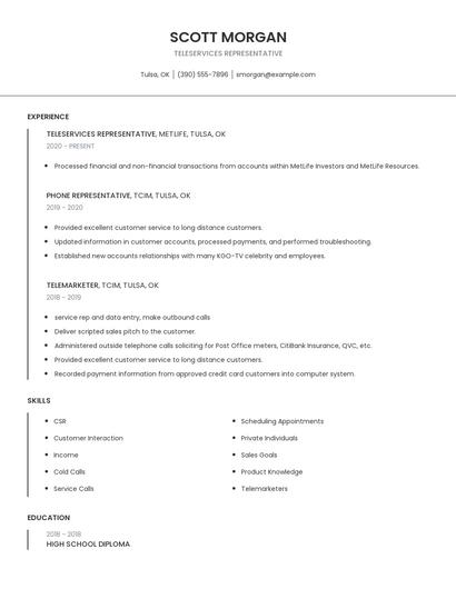 Teleservices Representative Resume