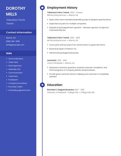 Television Parts Tester Resume