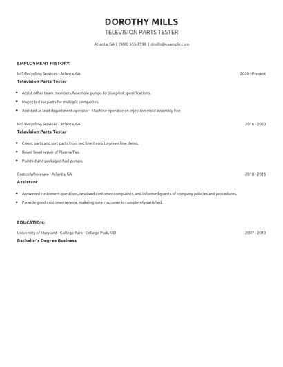 Television Parts Tester Resume