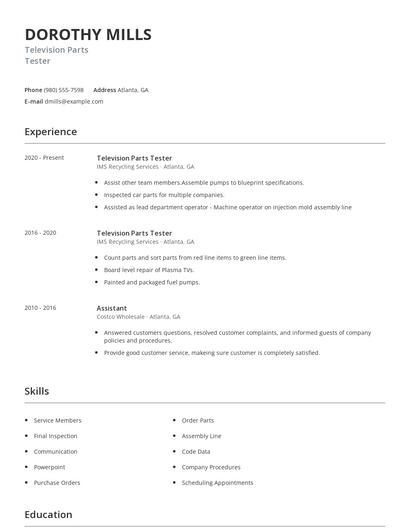 Television Parts Tester Resume
