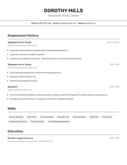 Television Parts Tester Resume