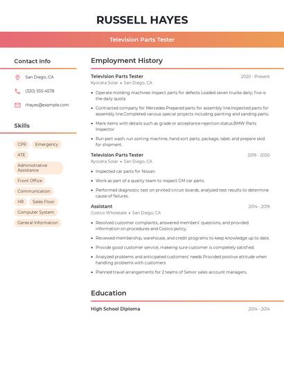 Television Parts Tester Resume