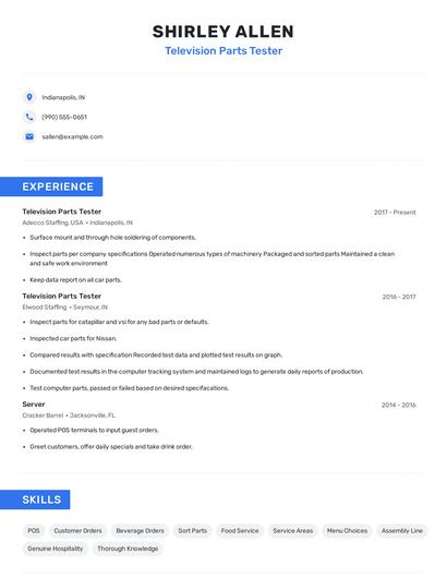Television Parts Tester Resume