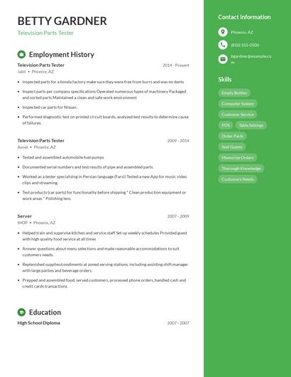 Television Parts Tester Resume