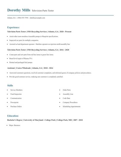 Television Parts Tester Resume