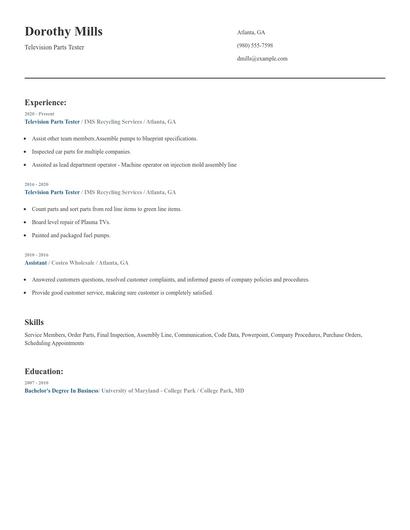 Television Parts Tester Resume