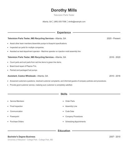 Television Parts Tester Resume