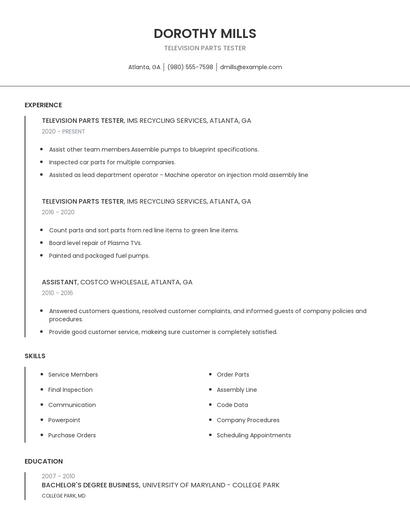 Television Parts Tester Resume