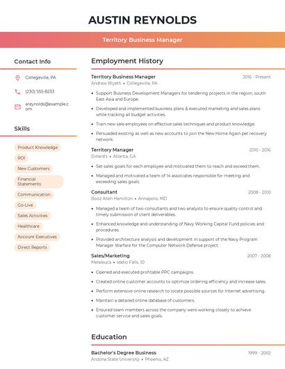 Territory Business Manager Resume
