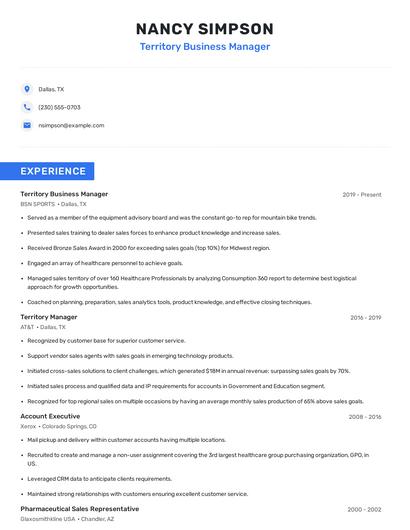 Territory Business Manager Resume