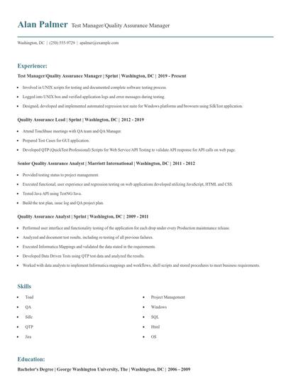 Test Manager/Quality Assurance Manager Resume