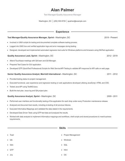 Test Manager/Quality Assurance Manager Resume
