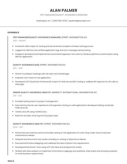 Test Manager/Quality Assurance Manager Resume