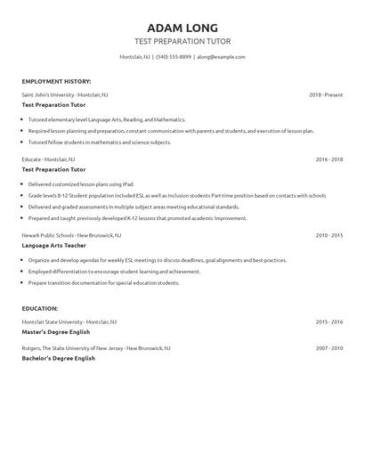 Test Preparation Tutor Resume