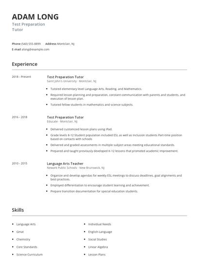 Test Preparation Tutor Resume